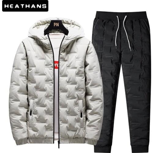 Korean Mens Hooded Cotton-padded Parka Set Male Solid Set Slim Warm Hoodies Tops + Cotton-padded Trousers 2PC Sets Men 4 Color