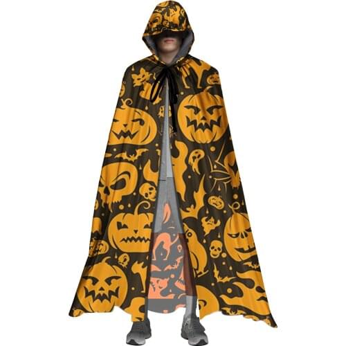 Halloween Pumpkin Bat Print Hooded Cloak Adult Unisex Full Length Vampire Witch Cosplay Costumes Robes Capes for Womens Mens