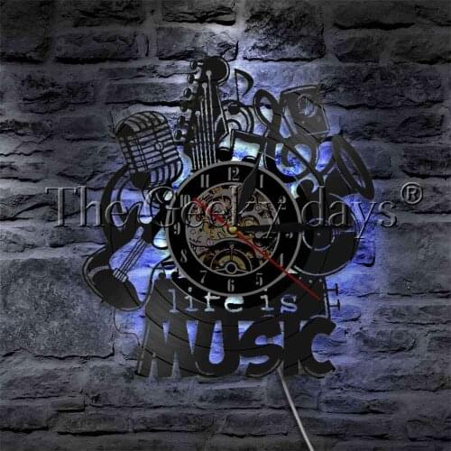 Life Is Music Wall Watch Art Decorative Lighting Different Music Instruments Vinyl Record Wall Clock With LED Backlight