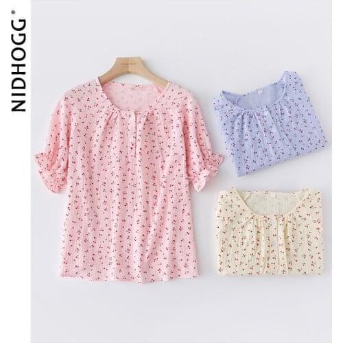 2021 Summer New Sweet Girl Pajamas for Women Round Collar Small Cherry Print Cotton Pyjamas Short Sleeve Two Piece Set Sleepwear