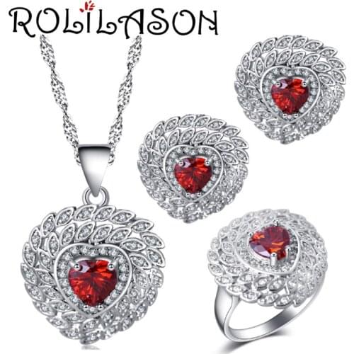 ROLILASON For lady heart-shaped design red zircon silver Earrings Necklace Rings Jewelry Sets USA size #6#7#8#9#10 JS723