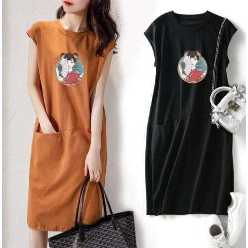 Summer Fashion Women Dresses Korean Black Midi Dress Print Pocket Casual Long T-Shirtdress Female Loose Straight Vestidos Mujer