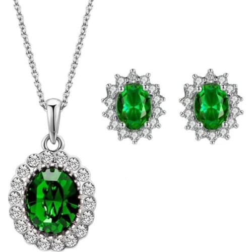Luxury Rhinestone Emerald Crystal Bridal Jewelry Sets for Women Fashion Pendant Necklace Earring Set African Jewelry Set