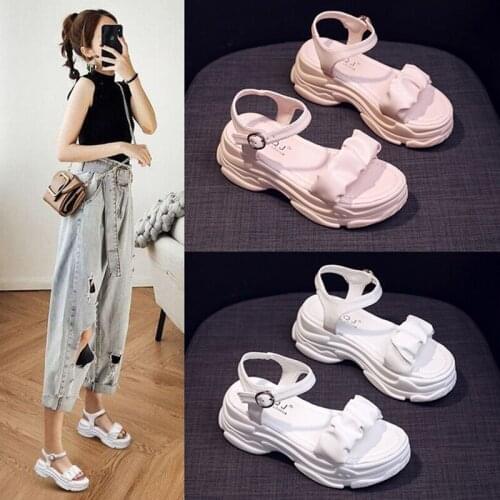 Ladies Sandals Summer Hot Sale Fashion Word Buckle Solid Color Simple Slope With Elegant High-Heeled Roman Shoes