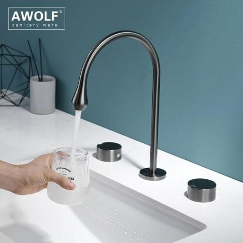 Solid Brass Bathroom Basin Sink Faucet Grey Luxury Dual Handle Brushed Gold Hot And Cold Mixer Water Tap 3 Parts ML8101