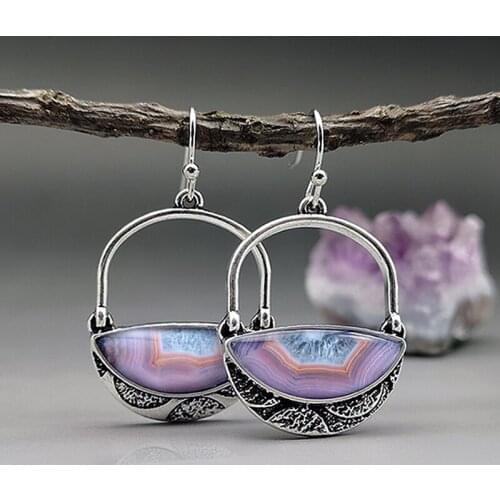 Bohemian Wind Hanging Purple Chalcedony Crystal Agate Earrings Silver Oxide Retro Gem Earrings Bridal Jewelry Christmas Gift