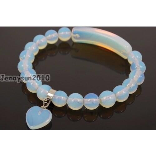 Natural Opalite Gems Stone Heart Bar Round Beads Stretchy Bracelet Healing Reiki Chakra 5Strands / Pack