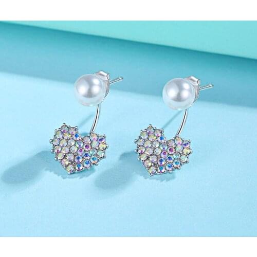 925 Sterling Silver Freshwater Pearl Dangle Earrings For Women Korean Heart AB Rhinestone Drop Earring Fine Jewelry Gifts