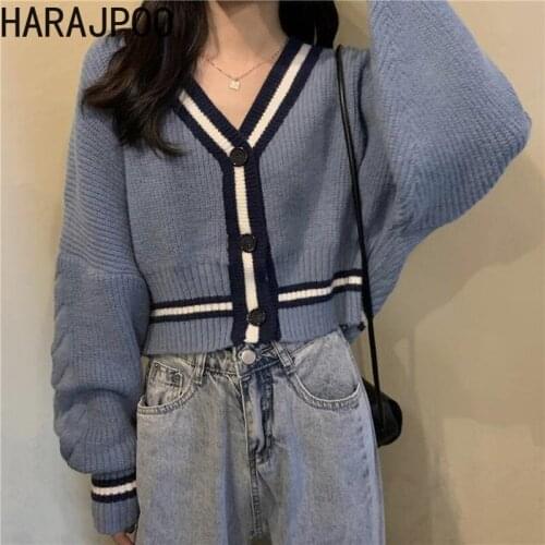 Harajpoo Women Cardigan Autumn 2020 New Korean Style Outer Clothing Knitted Sweater Gentle Wind Long Sleeve V Neck Cropped Tops