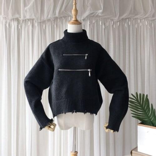 IHOBBY Women High Neck Zipper Fringe Knitwear Black Short Pullover 2020 Spring New Loose Knitting Sweaters