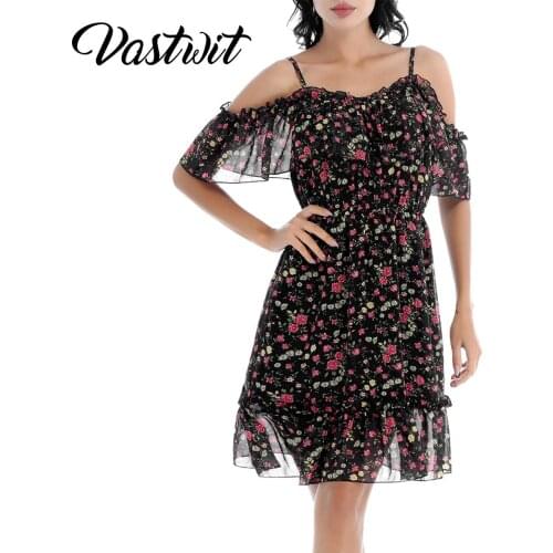 Women Chiffon off shoulder Floral Mini Dress Summer Spaghatti Straps Ruffled Sleeves A-Line Midi Dress