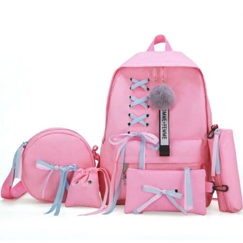 5pcs/lot Kids School Backpack Bags 2021 Bow Five-piece High School Student Bag Korean Large Capacity Primary School Backpack