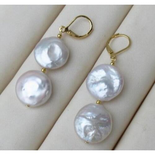 Noble jewelry GOLD PAIR OF 13-15MM south sea AAA WHITE COIN PEARL DANGLE BAROQUE EARRING 14k/20