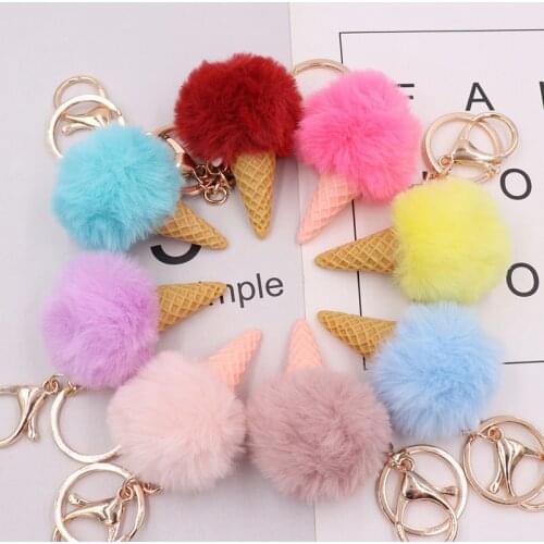 Q Faux Fur Hair Ball Key Chain Mini Ice Cream Keychains Candy Color Hair Ball Key Holder Key Ring Women Charm Bags Accessories
