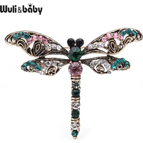 Wuli&baby Rhinestone Green Red Dragonfly Brooches Classic Vintage Insects Brooch Pins Gifts