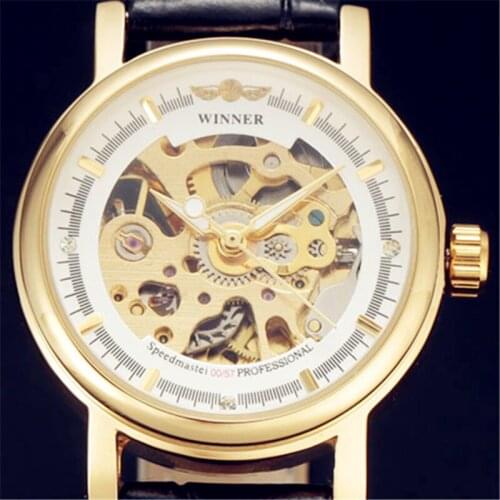 WINNER Brand Womens Fashion Mechanical Golden Case Skeleton Automatic Dial Leather Strap Wrist Watch Classic Ladies Gift Clock