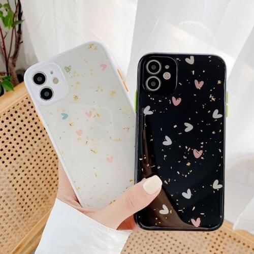 Phone Case For iPhone 12 Mini 12 11 Pro X XR XS Max 7 8 Plus SE 2 Luxury Love Heart Bling Gold Foil Soft TPU For iPhone 12 Case