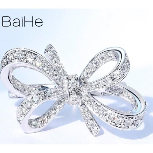 BAIHE Solid 14K White Gold 0.51ct H/SI Round Natural Diamond Jewelry Wedding Band Trendy Fine Jewelry Beautiful bow diamond Ring