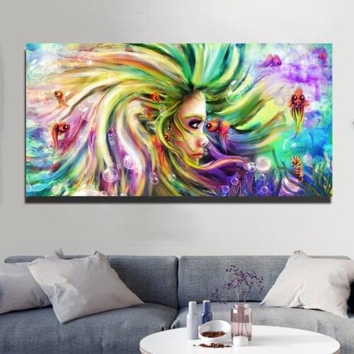Colorful Canvas Painting Mermaid Pictures For Living Room Wall Art Canvas Printed Beautiful Girl Decor Art Frame