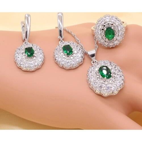 Green Imitated Emerald Crystal White Zirconia Silver color Bridal Jewelry Sets For Women Necklace Pendant Earrings Rings