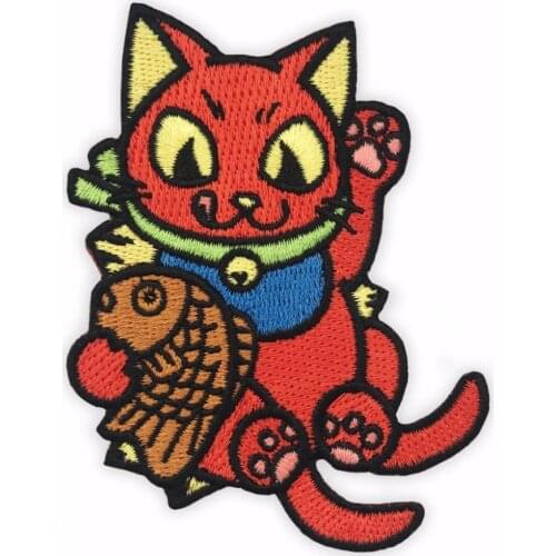 Custom Embroidery Patch Lucky Cat Maneki Neko Good Fortune Chinese Iron On for clothing Applique cudtomzied with your own logo