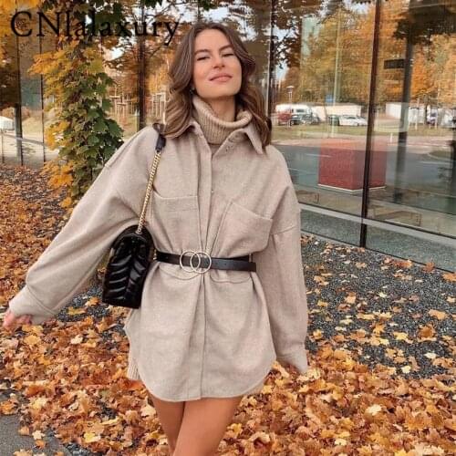 New Casual Woman Camel Loose Pocket Woolen Shirt Jacket 2021 Fashion Ladies Autumn Long Sleeve Thick Blouse Coat Female Outwear