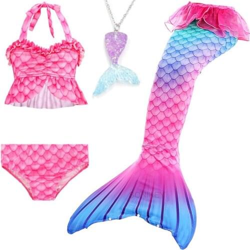 New Girls Swimming Mermaid Tail Kids Little Costume Cosplay Swimsuit Bikini Set for Children Can Add Monofin Fins