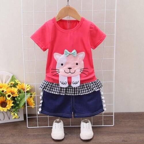Toddler Girl Clothes Summer 2020 Cartoon Kitty Short Sleeved T-shirts + Denim Shorts Christmas Outfit Kids Bebes Jogging Suits