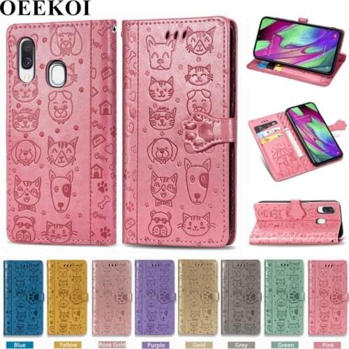 OEEKOI Cartoon Style Cat Dog Wallet Flip Cover Case for Samsung Galaxy A40 with Card Slot Holder