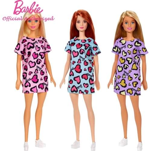 Original Barbie Doll Blonde Girl Wearing Pink Heart-Print Dress And Shoes Pretend Kids Toy Yoga Baby GHW45 For Children Gift