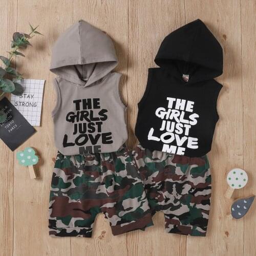 1-6 Years Baby Boy’s Summer Vest and Shorts Two Pieces Suit Fashion Letter Hooded Sleeveless Tops and Camouflage Short Pants