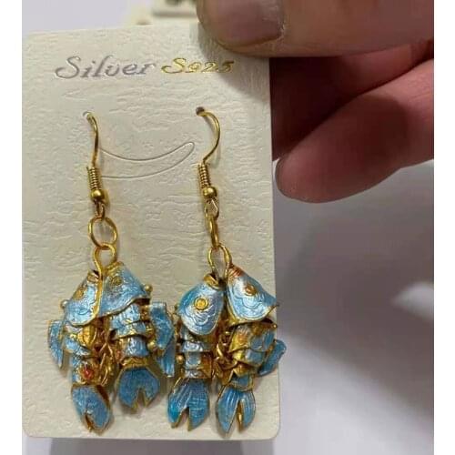 Handcraft Cloisonne Enamel Luck Koi Fish Earrings Ladies Colorful Animal Earbob Ornaments Dangle Fancy Jewelry Eardrop Accessory