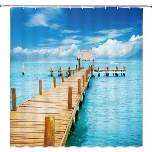 Seaside Scenery 3d Printed Polyester Shower Curtain Wooden Bridge Nature Fabric Waterproof Bathroom Curtain for Bathtub 180x180