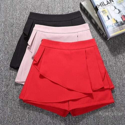 Irregular Ruffled Shorts Womens Summer 2021 New Korean Fashion All-Match High Waist Wide Leg Red Short Femme White Black