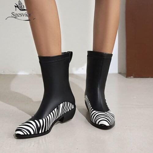 Sgesvier Womens Pointy Toe Snake Zebra Leopard Pattern Stitching PU Leather Ankle Boots Chunky Heel Shoes Winter Plus Size 48