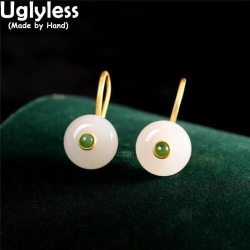 Uglyless Real Silver Chains Tassel Ethnic Earrings Women Natural Jade Peace Button Dangle Earrings Gold 925 Silver Brincos E1680