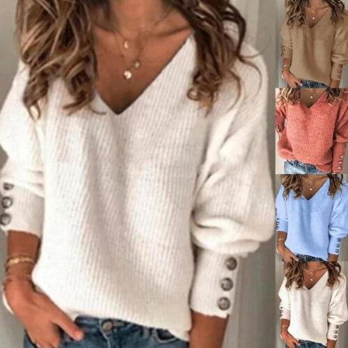 Solid Color Sweaters Women Long Puff Sleeve V-Neck Knitted Sweaters for Women Autumn Winter Knitted Tops Pullovers pull femme