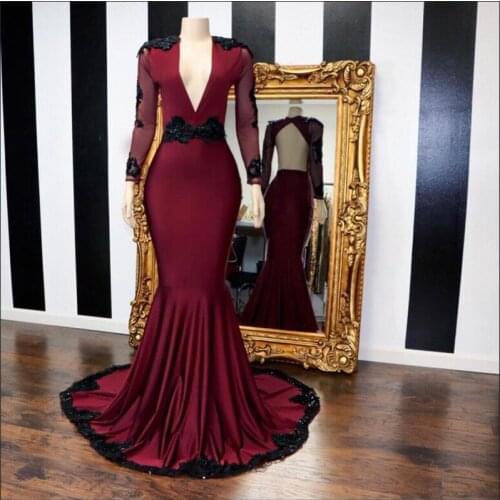 Burgundy Mermaid Prom Dresses Long 2021 Real Sample Sexy Backless Deep V-neck Beaded Black Appliques Long Sleeve Prom Dress