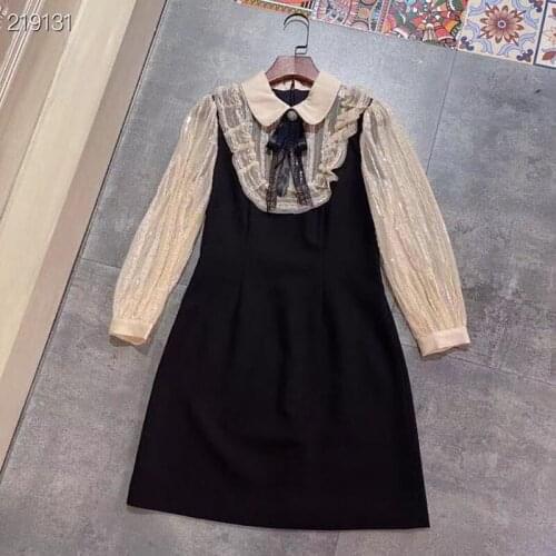 New 2021 Women Summer Fashion Runway Mini Dress Long Sleeves Sequined Mesh Patchwork Ladies Slim A-Line Black Dresses