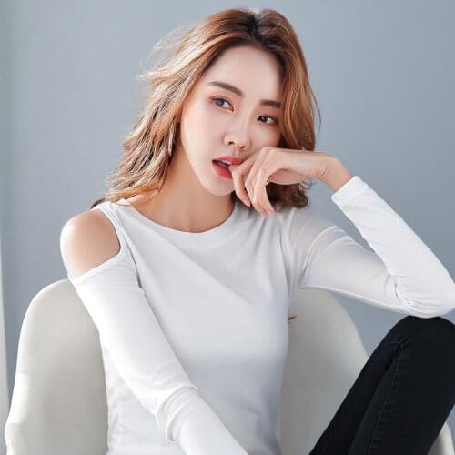 2021 Basic Cotton T-shirt Women Solid O-neck Off-shoulder Slim Waist Stretchy Casual Tops Tees Long Sleeve Multi Colors T17502A