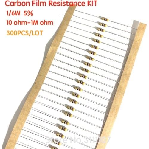 300PCS/LOT 1/6W 5% 10R-1M Carbon Film Resistor Kit Resistance Assortment 10 ohm-1M ohm 30 kinds Each 10PCS