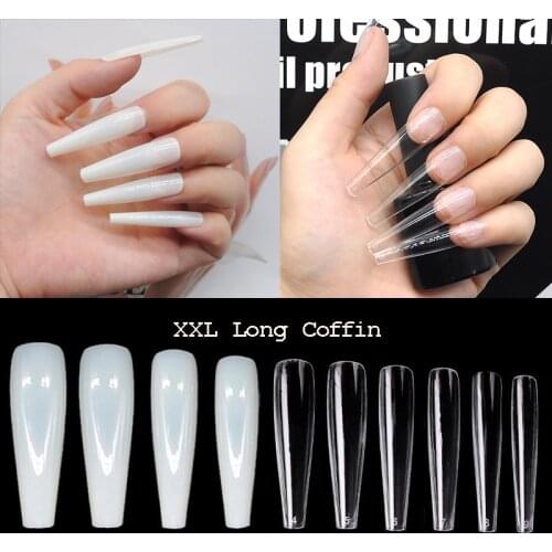 500Pcs/Bag Full Cover XXL Extra Long False Coffin Nails Ballerina Flat Shape Fake Nail Art Tips Natural Clear Tip Nails Supplies