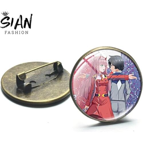 SIAN Anime DARLING In The FRANXX Fans Brooches Cartoon Cosplay Figures Bronze Plated Badge Pin Glass Round Coat Hat Accessories