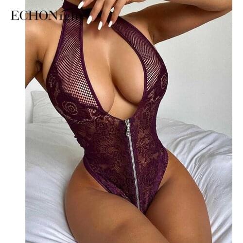 Echonight Hollow out Sexy Lace Bodysuit Halter Zipper Transparent Bodycon Top Women Soft Backless Mesh Summer Sleeveless Body