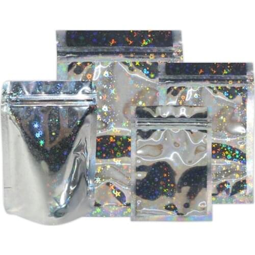 Full Silver Star / One Side ClearLaser PET Holographic Cosmetic Bag Zip Lock Bag Shiny Foil Zipper Bag Food Candy Pouch Gif Bags