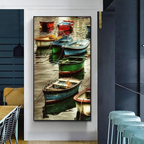 Colored Boats In The Lake Canvas Painting Canvas Print Wall Art Picture For Living Room Home Decor Wall Decoration Frameless