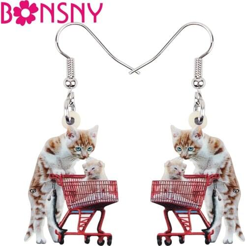 BONSNY Acrylic Cute Car Cart Gray Cat Kitten Earrings Long Drop Dangle Fashion Charms Pet Jewelry For Women Girl Gifts Unique