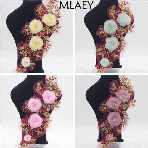 MLAEY 1 Piece 36*13cm Elegant 3D Flower Embroiderey Neckline Lace Applique Lace Trim Dress Fabrics Material DIY Lace Patch