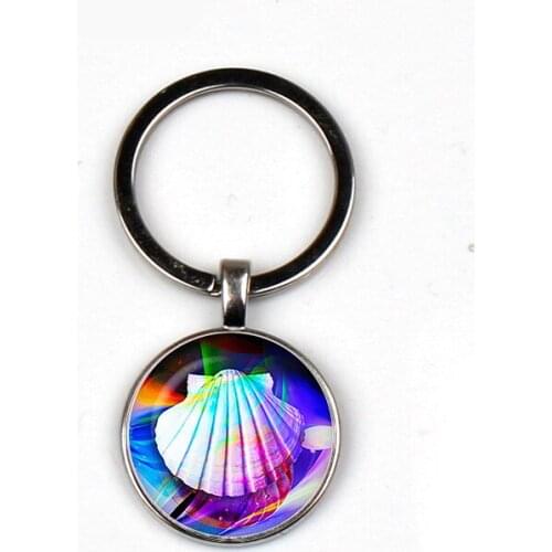 Fashion cute marine life pattern keychains glass cabochon wave three-leaf female favorite key rings accessories jewelry handmade
