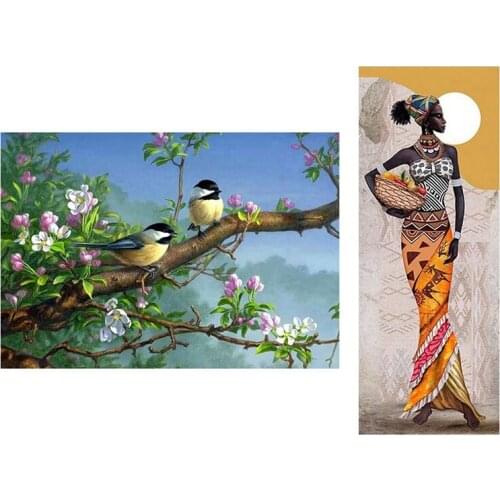 2Set 5D DIY Full Diamond Embroidery Diamond Cross Painting, Branch Birds & African Woman Holding Fruit Basket